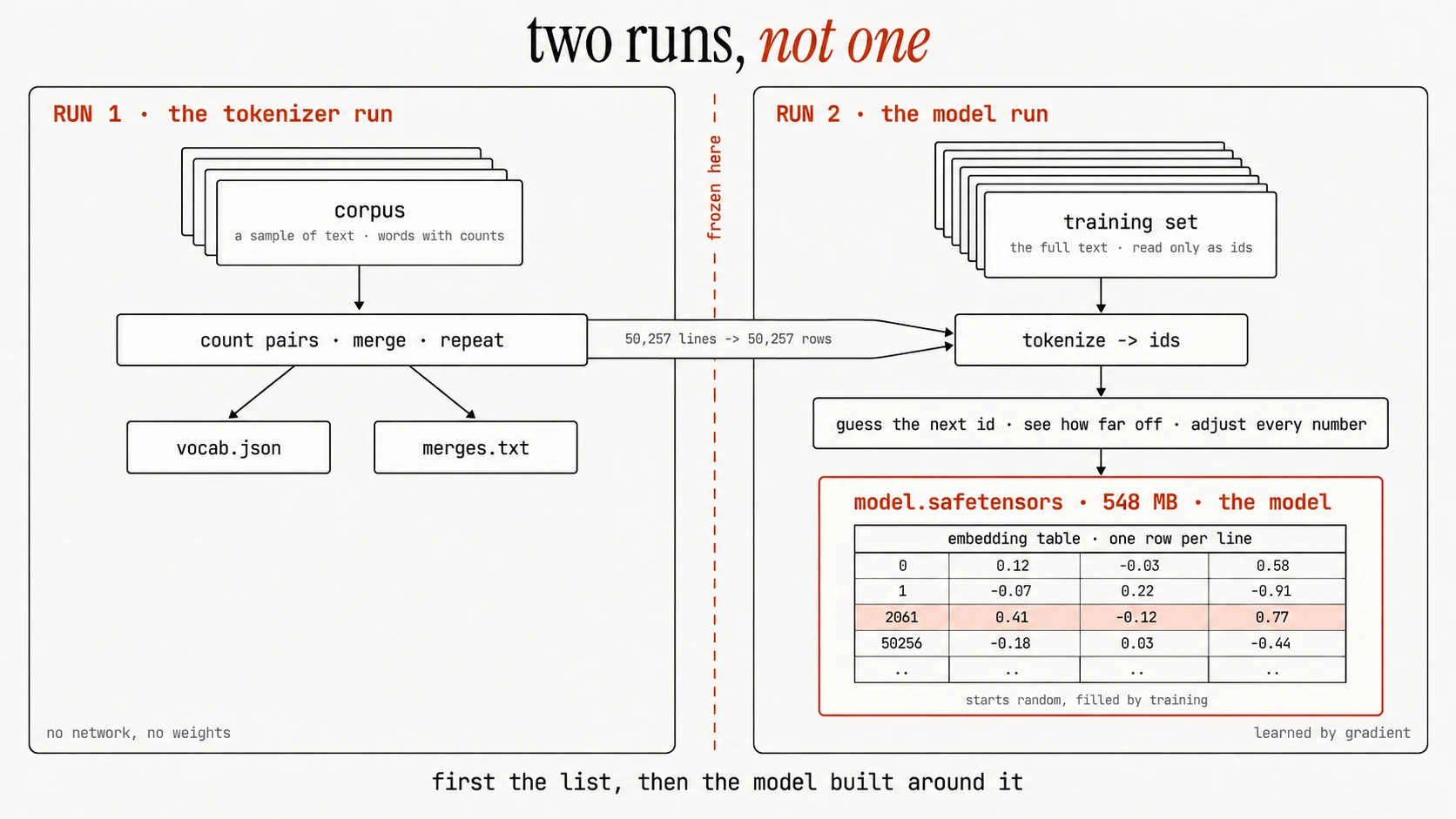 A diagram headed two runs, not one, with two panels separated by a dashed vertical line labelled frozen here. The left panel, run 1, the tokenizer run, starts from a small stack of sheets labelled corpus, a sample of text, words with counts, flows down through count pairs, merge, repeat, and ends in two file chips, vocab.json and merges.txt, with the note no network, no weights. Both file chips send lines across the dashed line into the right panel, one labelled 50,257 lines to 50,257 rows. The right panel, run 2, the model run, starts from a much taller stack of sheets labelled training set, the full text, read only as ids. That stack and the two incoming files meet at a box reading tokenize to ids, then flow down through one box reading guess the next id, see how far off, adjust every number, into one large red-outlined box labelled model.safetensors, 548 MB, the model. Inside that box sits the embedding table, one row per line, with rows 0, 1, 2061 and 50256 holding small decimals and a final row of dots; row 2061 is highlighted and reads 0.41, minus 0.12, 0.77, with the note starts random, filled by training. Outside the box: learned by gradient. A line under both panels reads: first the list, then the model built around it.