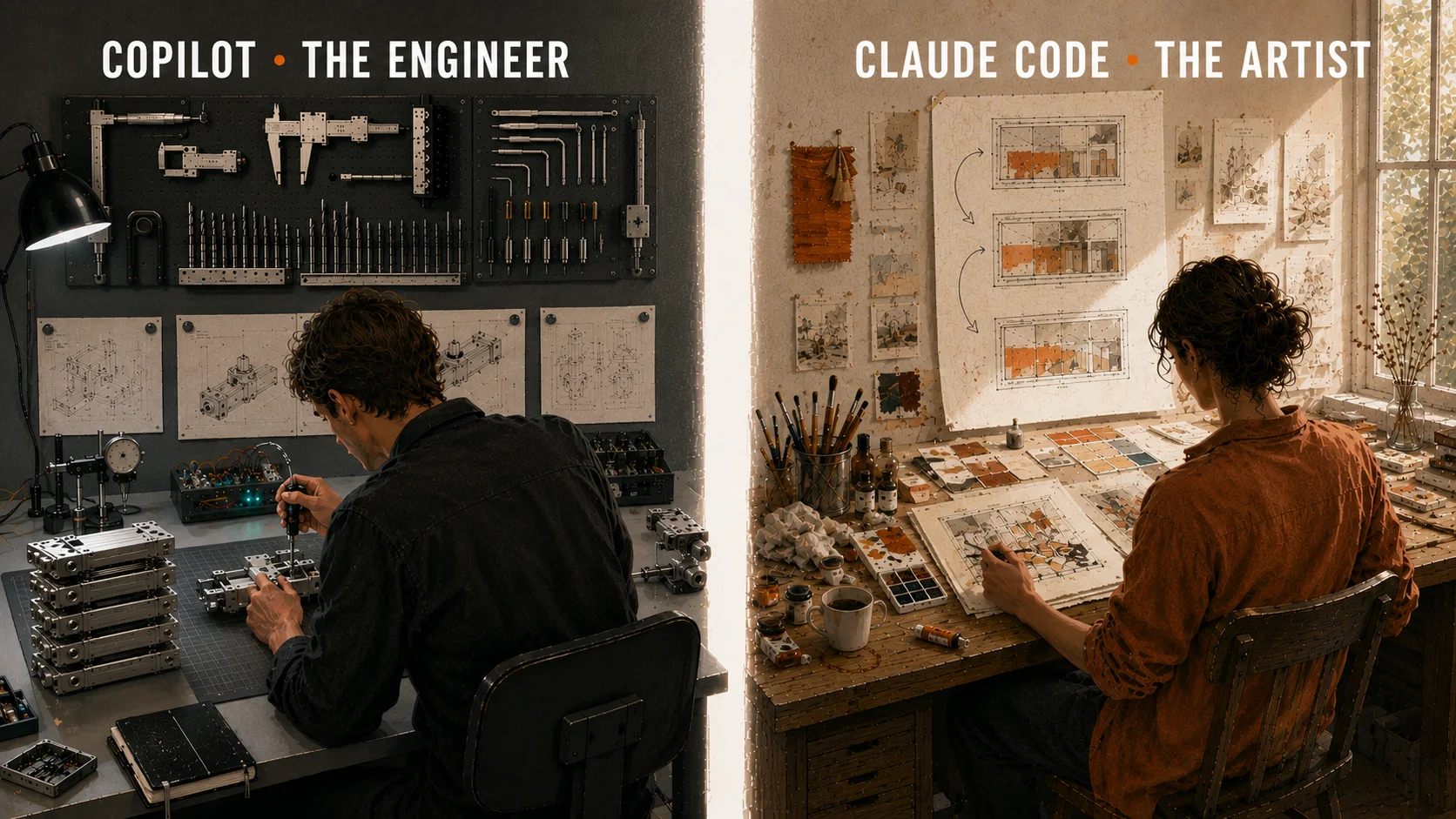 Two workbenches side by side - an engineer's precision workbench labelled COPILOT THE ENGINEER, and an artist's studio labelled CLAUDE CODE THE ARTIST.