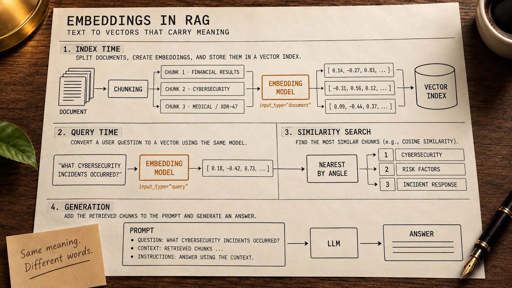 A printed reference diagram on a lamplit walnut desk, shot from above, titled EMBEDDINGS IN RAG. Four panels. Panel 1, index time: a document stack feeds a CHUNKING box, which produces three chunks labelled financial results, cybersecurity, and medical XDR-47; all three pass through an amber EMBEDDING MODEL box captioned input_type equals document, become three rows of bracketed numbers, and land in a VECTOR INDEX cylinder. Panel 2, query time: the question "what cybersecurity incidents occurred?" passes through a second amber EMBEDDING MODEL box, captioned input_type equals query, and becomes one vector. Panel 3, similarity search: that vector goes to a NEAREST BY ANGLE box, which returns three ranked chunks. Panel 4, generation: a PROMPT box holding the question, the retrieved context, and an instruction feeds an LLM box, which produces an ANSWER. A kraft sticky note on the desk reads "Same meaning. Different words."