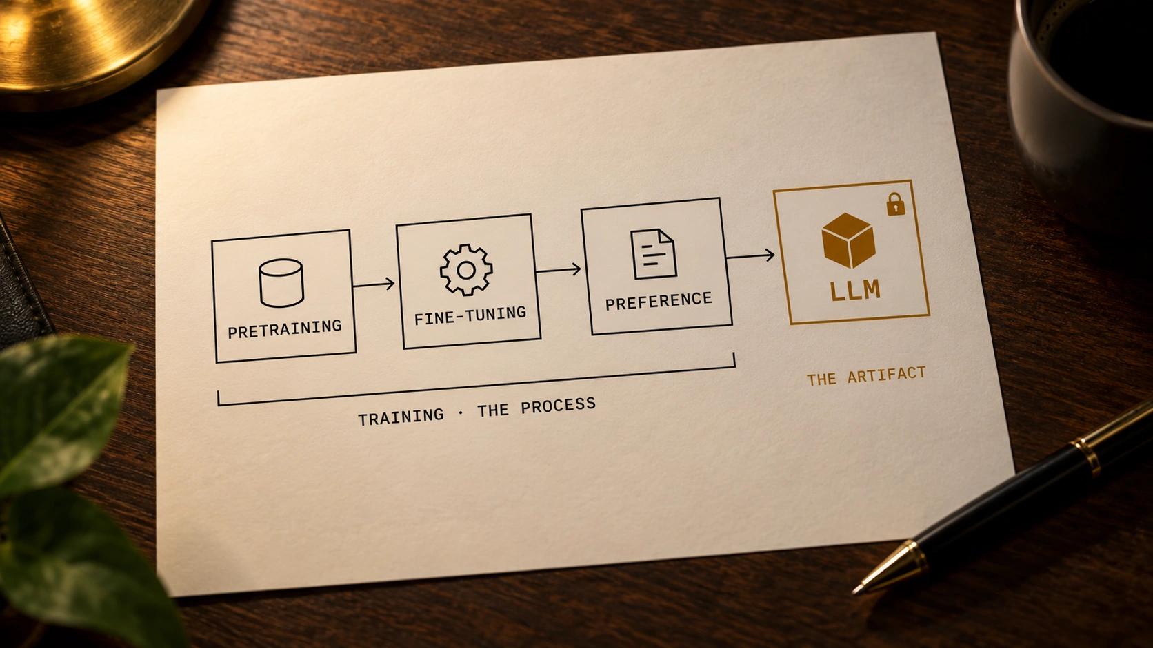 A printed diagram on a desk: three boxes labelled Pretraining, Fine-tuning and Preference connected by arrows, bracketed underneath as Training, the process, with an arrow leading into a separate amber box marked with a padlock, a cube icon and the label LLM, captioned The artifact.