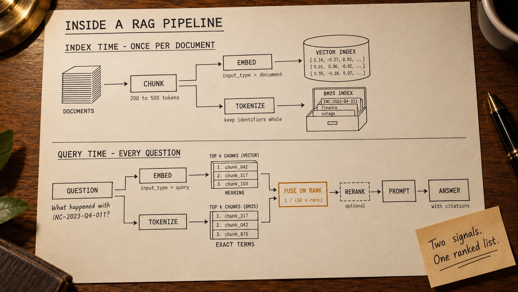 A printed diagram on a lamplit walnut desk, shot from above, titled INSIDE A RAG PIPELINE, with a pen, a coffee cup and a kraft sticky note beside it. Two lanes. Index time, once per document: a stack of DOCUMENTS feeds a CHUNK box captioned 200 to 500 tokens, which forks into an EMBED box captioned input_type equals document, landing in a VECTOR INDEX cylinder holding three rows of bracketed decimals, and a TOKENIZE box captioned keep identifiers whole, landing in a BM25 INDEX card drawer. Query time, every question: a QUESTION box, handwritten underneath as What happened with INC-2023-Q4-011, forks the same two ways through EMBED with input_type equals query and through TOKENIZE, each index returning three ranked chunk cards, captioned MEANING and EXACT TERMS. Both lists converge into an amber FUSE ON RANK box captioned 1 over 60 plus rank, then a dashed optional RERANK box, then PROMPT, then ANSWER with citations. The sticky note reads Two signals. One ranked list.