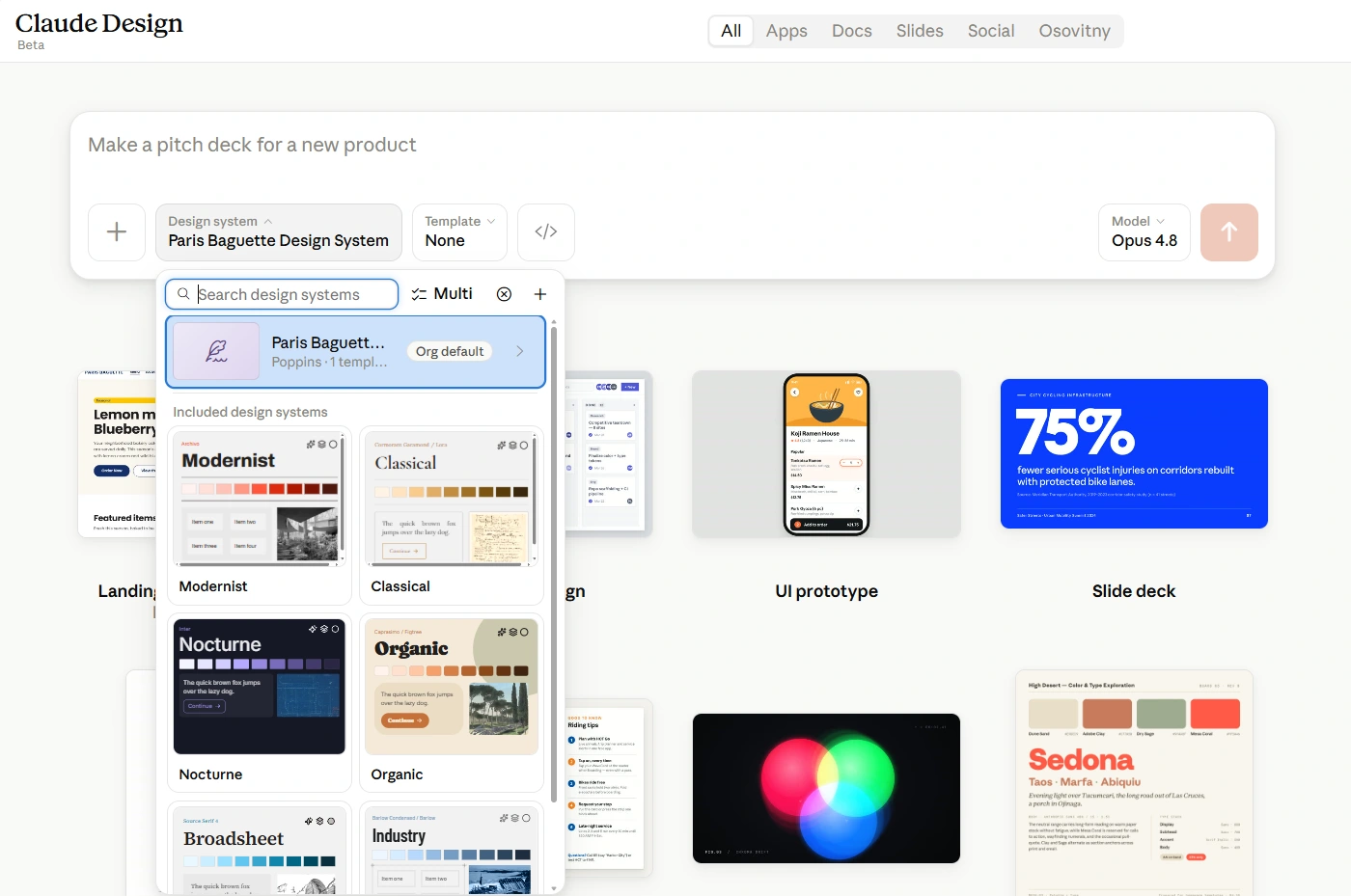 The Claude Design homescreen with the design-system picker open on the prompt bar: the Paris Baguette Design System is selected and marked 'Org default', above a list of other included systems such as Modernist, Classical, Nocturne, and Organic. The organization tab 'Osovitny' shows in the top navigation.